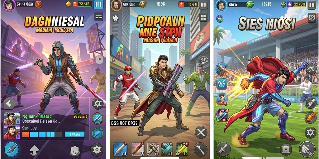 Screenshot menunjukkan karakter utama dalam pertempuran epik.